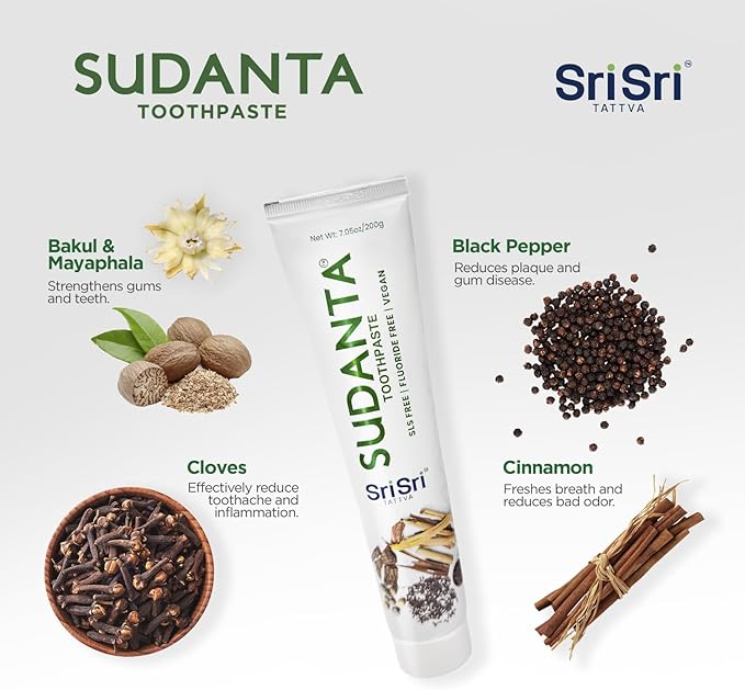 Sri Sri Tattva Sudanta Herbal Toothpaste – SLS Free & Fluoride Free Natural Ayurvedic Toothpaste for Strong Teeth, Healthy Gums & Oral Care – 200 g Pack of 3