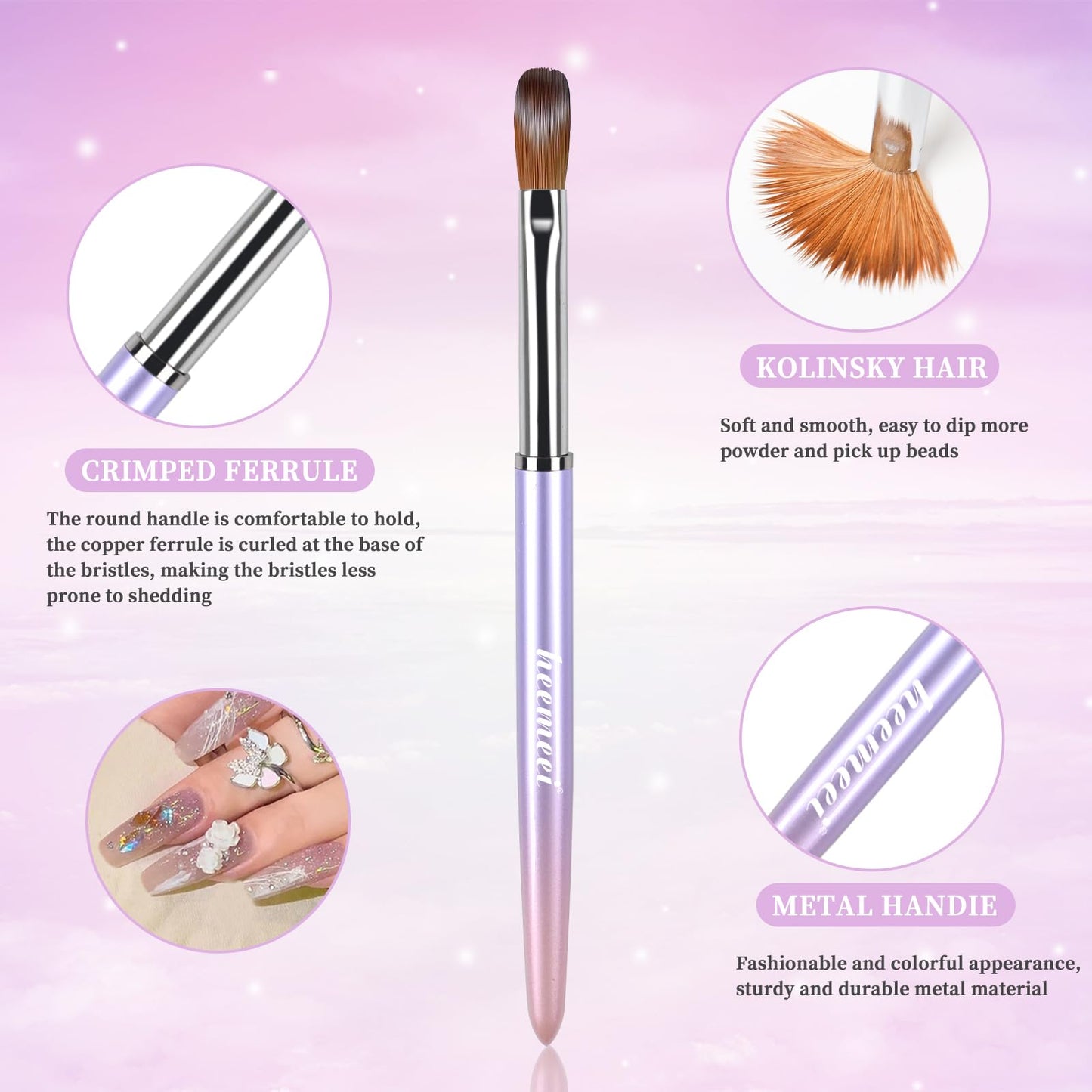 heemeei Acrylic Nail Brush Size 10, 100% Pure Kolinsky Nail Art Brush, Sturdy Handle Acrylic Powder Design Tools for Professional Manicure DIY Home Salon (10#)