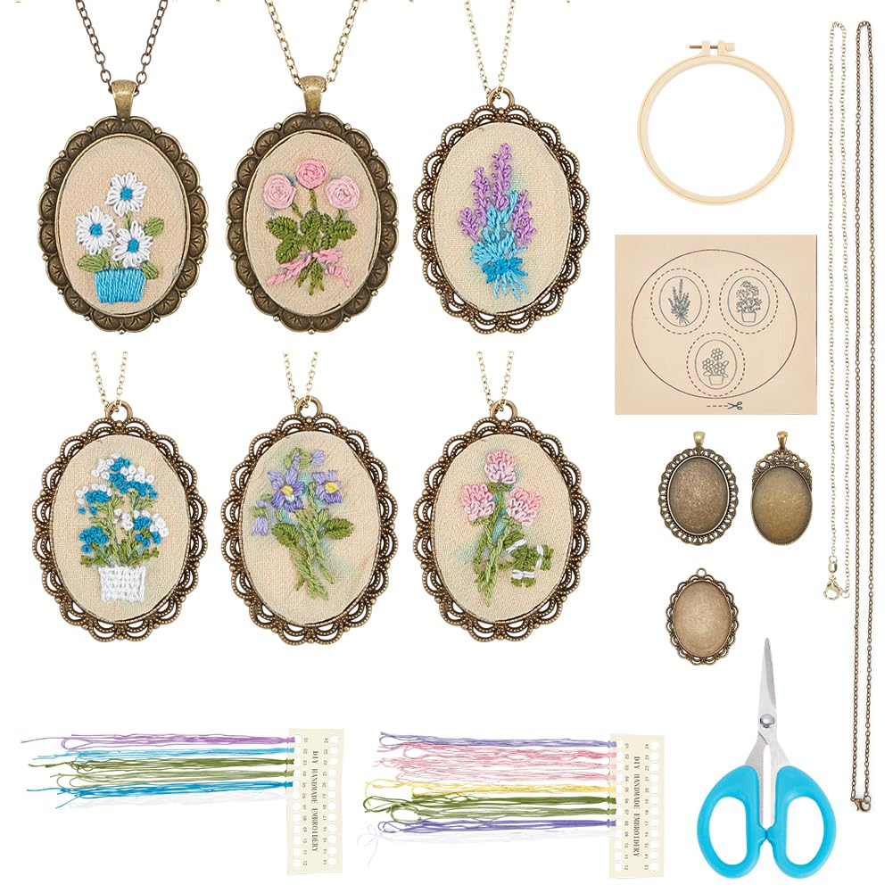 FREEBLOSS 6 Set Embroidery Necklace Kit Embroidery Kit for Beginners Embroidery Pendant Flowers Brooch Mini Embroidery Kit with Instruction Embroidery Starter Kit for Adults Stamped Pattern Cloth