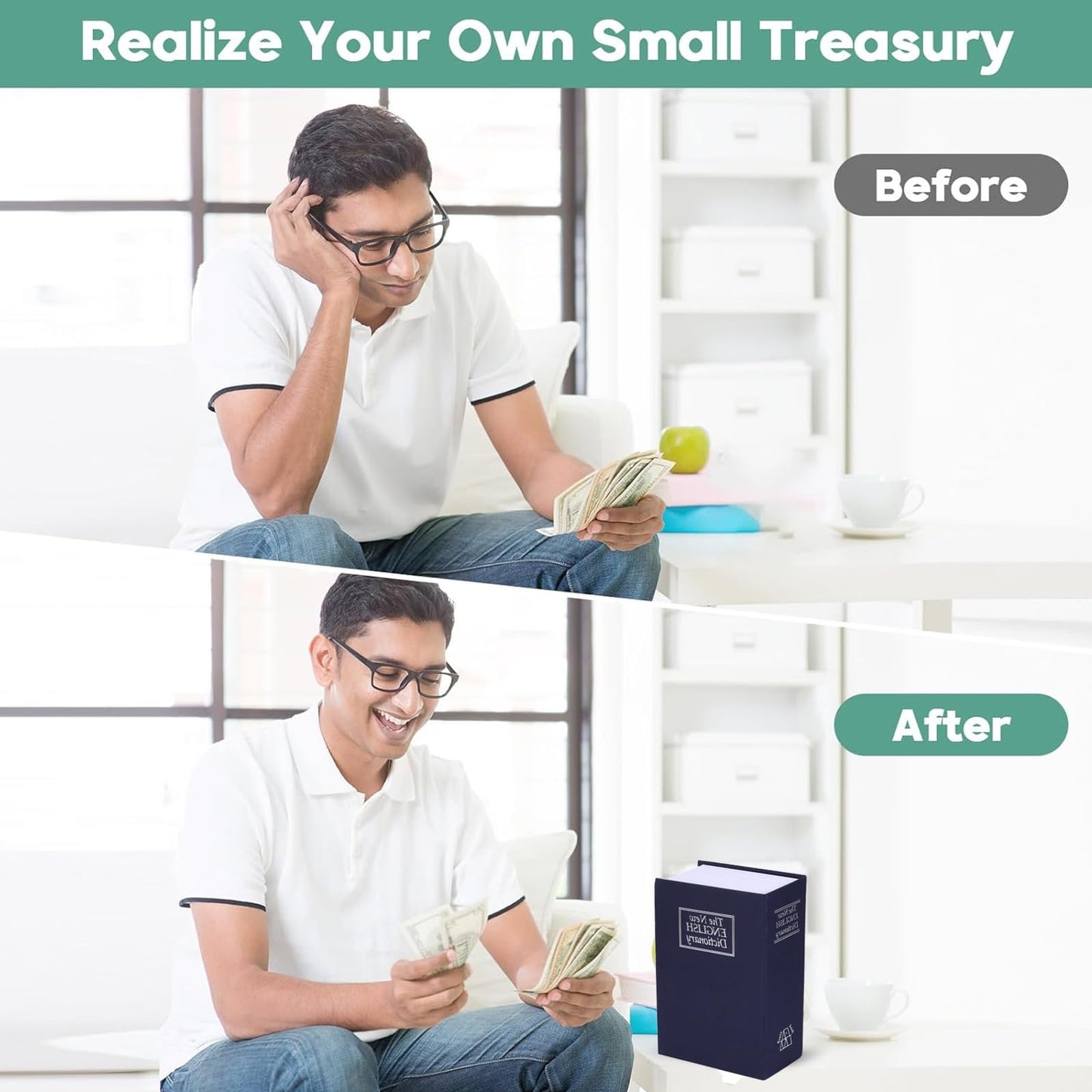 Book Safe With Combination Lock or Key, Dictionary Hidden Safe with 3 Digit Combination Lock, Portable strongbox Perfect for Coins, Cash, Money and Jewelry, Waterproof (Blue（key）)