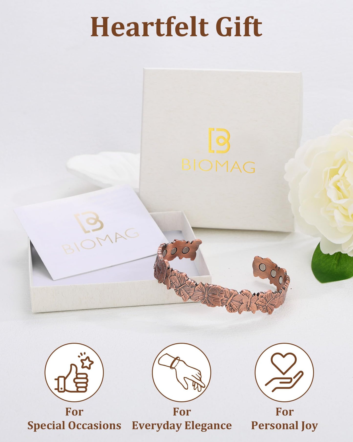 BioMag Magnetic Copper Bracelet for Women Men, 99.99% Pure Copper Cuff Bangle with 6 Pcs 3500 Gauss Magnets, Adjustable Jewerly Gift (Copper-Butterfly)