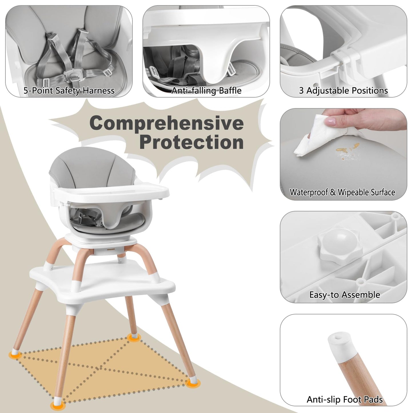 Komcot Baby High Chair, 7 in 1 Convertible High Chairs for Babies and Toddlers, Kids Learning Table, Building Block Table, Toddler Dining Chair with 360° Rotating Seat, 5-Point Safety Harness (Grey)
