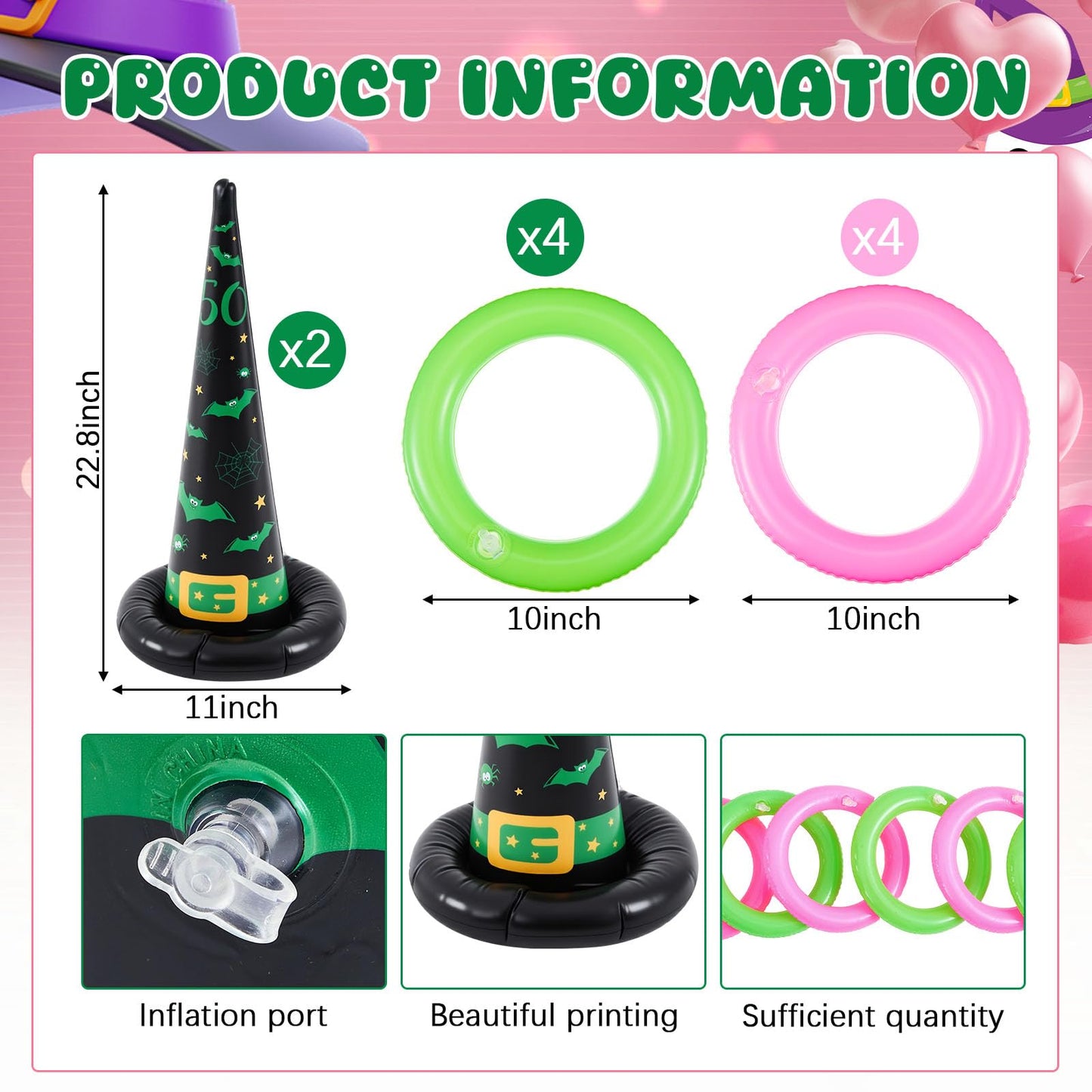 Leitee 10 Pcs Inflatable Witch Hat Ring Toss Game Set Carnival Pink and Green Inflatable Ring Toss for Witch Themed Birthday Party Decoration Indoors Outdoors(Macabre)