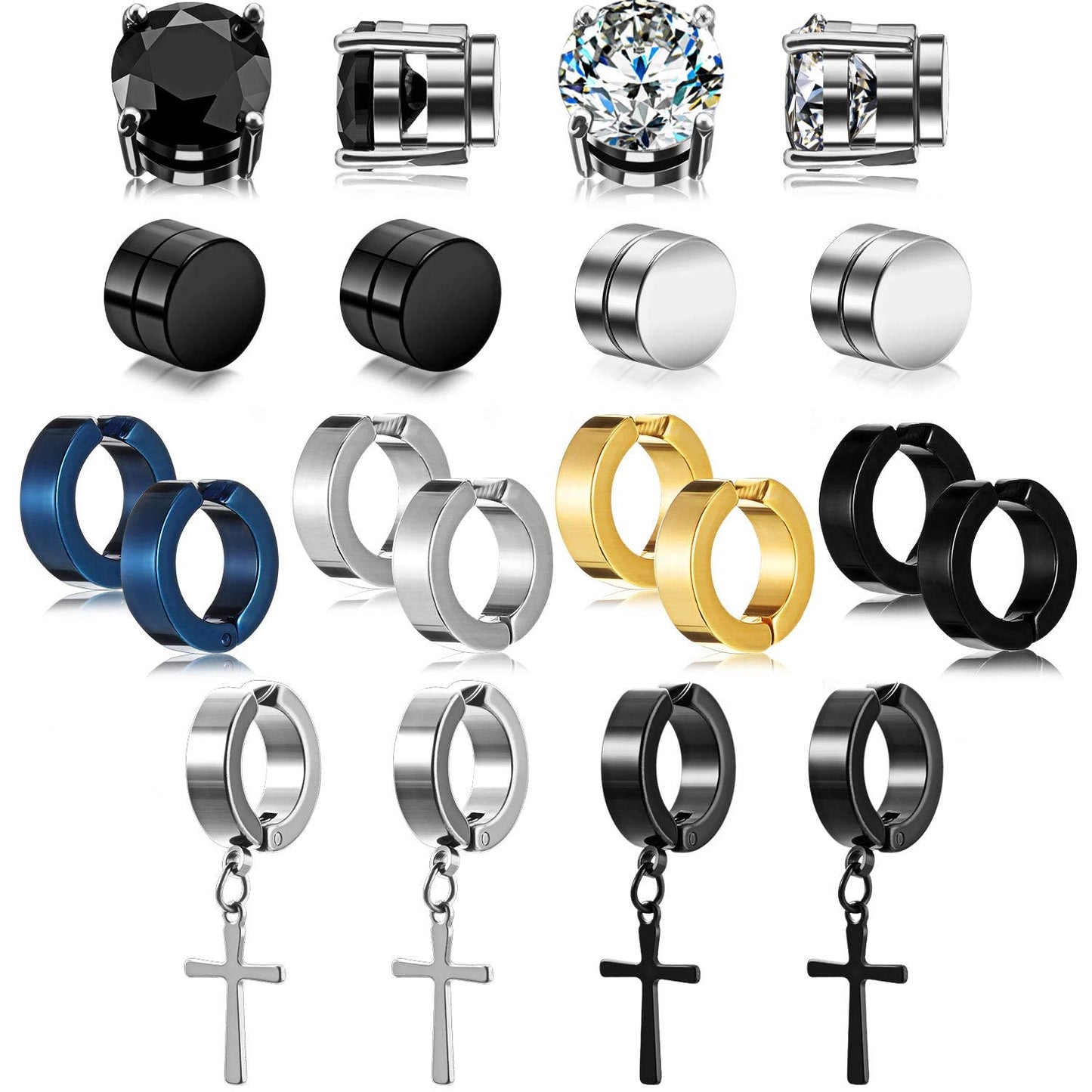 LEBOCADO Stud Earrings Set for Men Women, Non-Piercing Cross Dangle Hoop Earrings Unisex, Stainless Steel Magnetic Earrings Clip on Earring Set (10 Pairs)