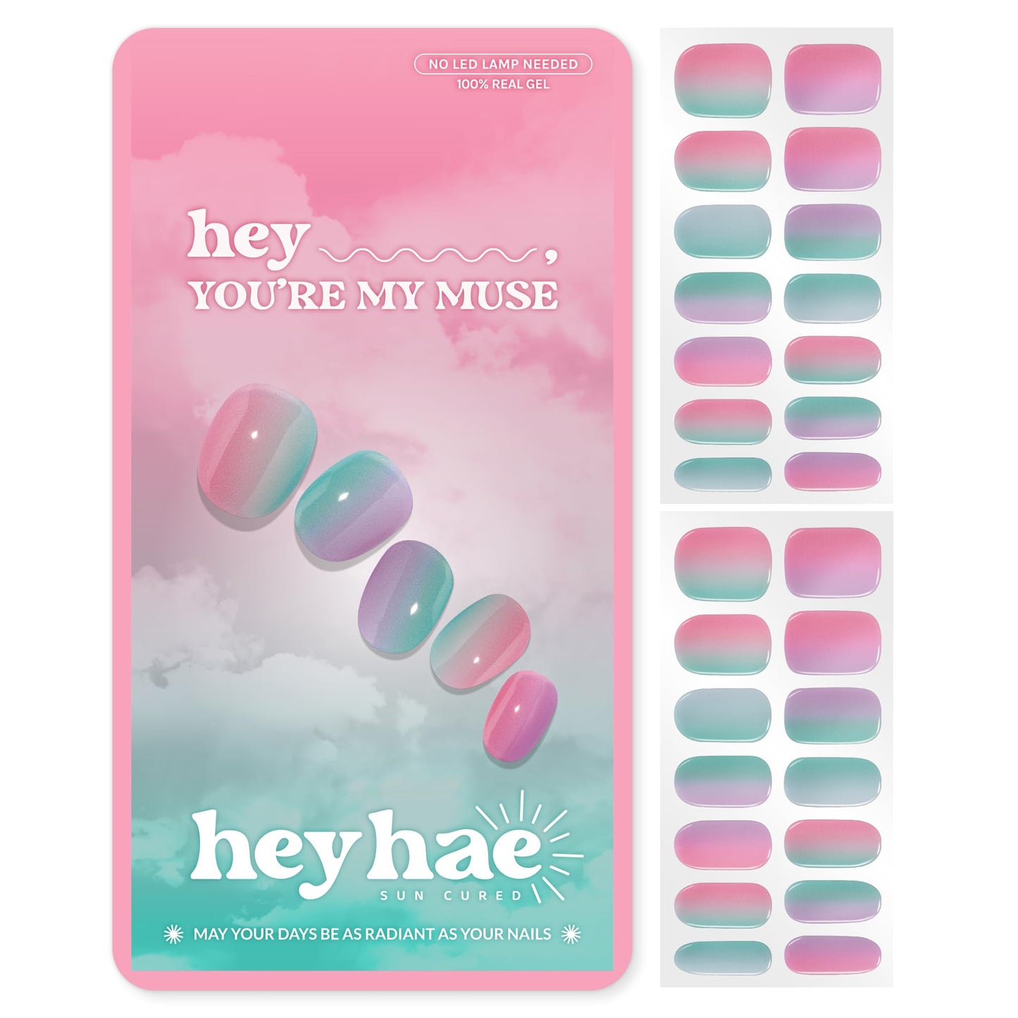 Heyhae Semi Cured Gel Nail Strips | No LED Lamp Needed | Pink, Rainbow | Easy Apply & Remove, Salon Quality | Includes 28 Strips, 2 Prep Pads, Nail File & Wooden stick - Hey, You're My Muse