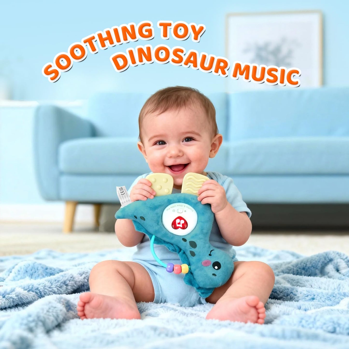 PLSFSS Baby Musical Activity Soft Toys with Sound & Light, Sensory Toys for Infant Developmental with Teether, Rattle and Textures, Soft Plush Toy for Newborn Gift 6 to 12 Months (Blue Dinosaur)