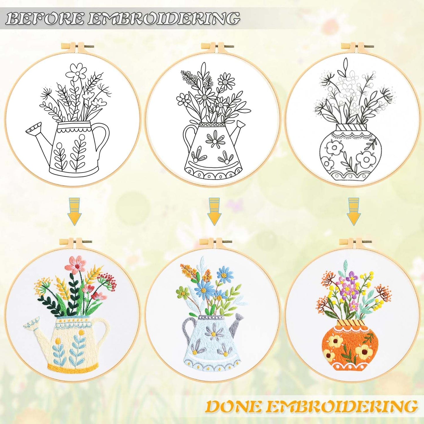 GLTAYLMY 3pcs Embroidery Starter Kit with Vase Pattern, Stamped Cross Stitch Kits for Beginners Adults with Embroidery Hoop and Instructions, Hand Embroidery Kit