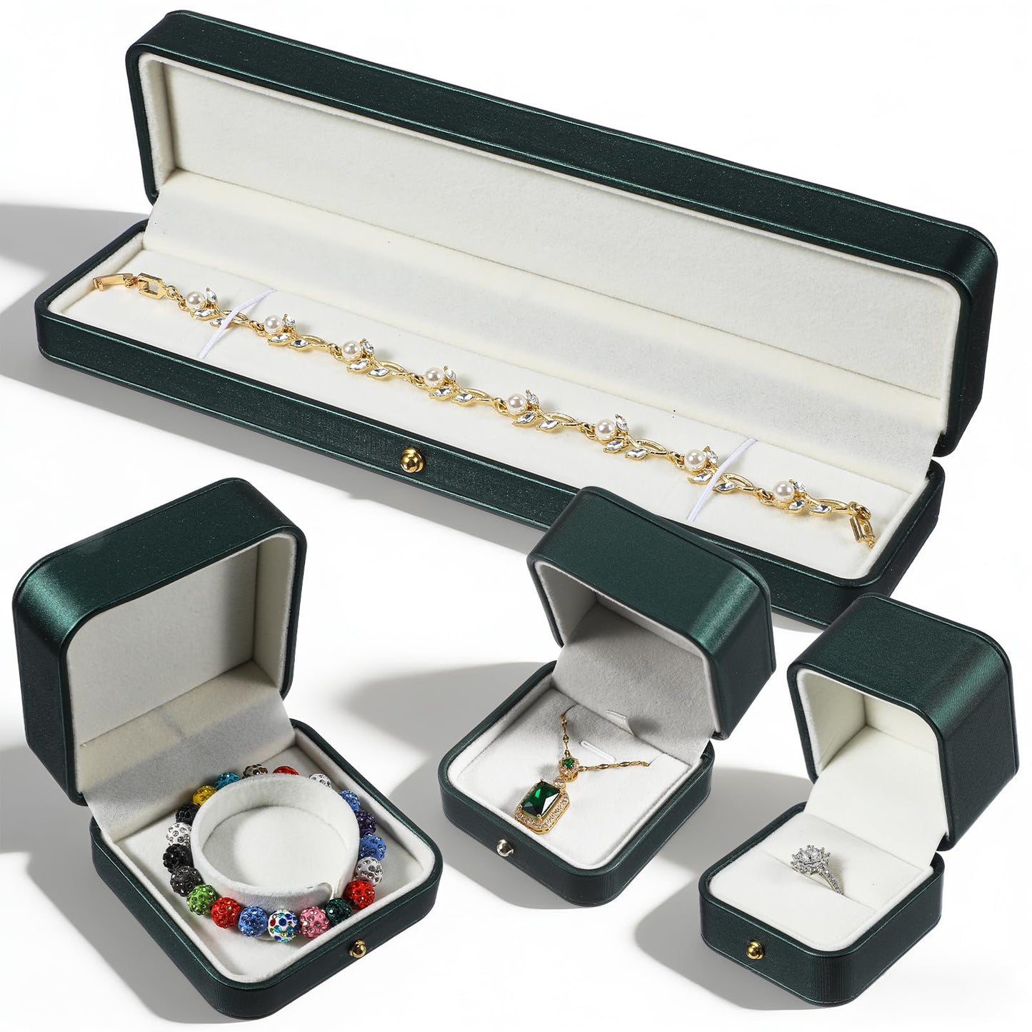 moheaaei 4 Pcs Jewelry Gift Box Set, Green Velvet Gift Box for Ring Long Necklace Chain Bangle Bracelet Ring Jewelry Boxes for Engagement Proposal Weeding