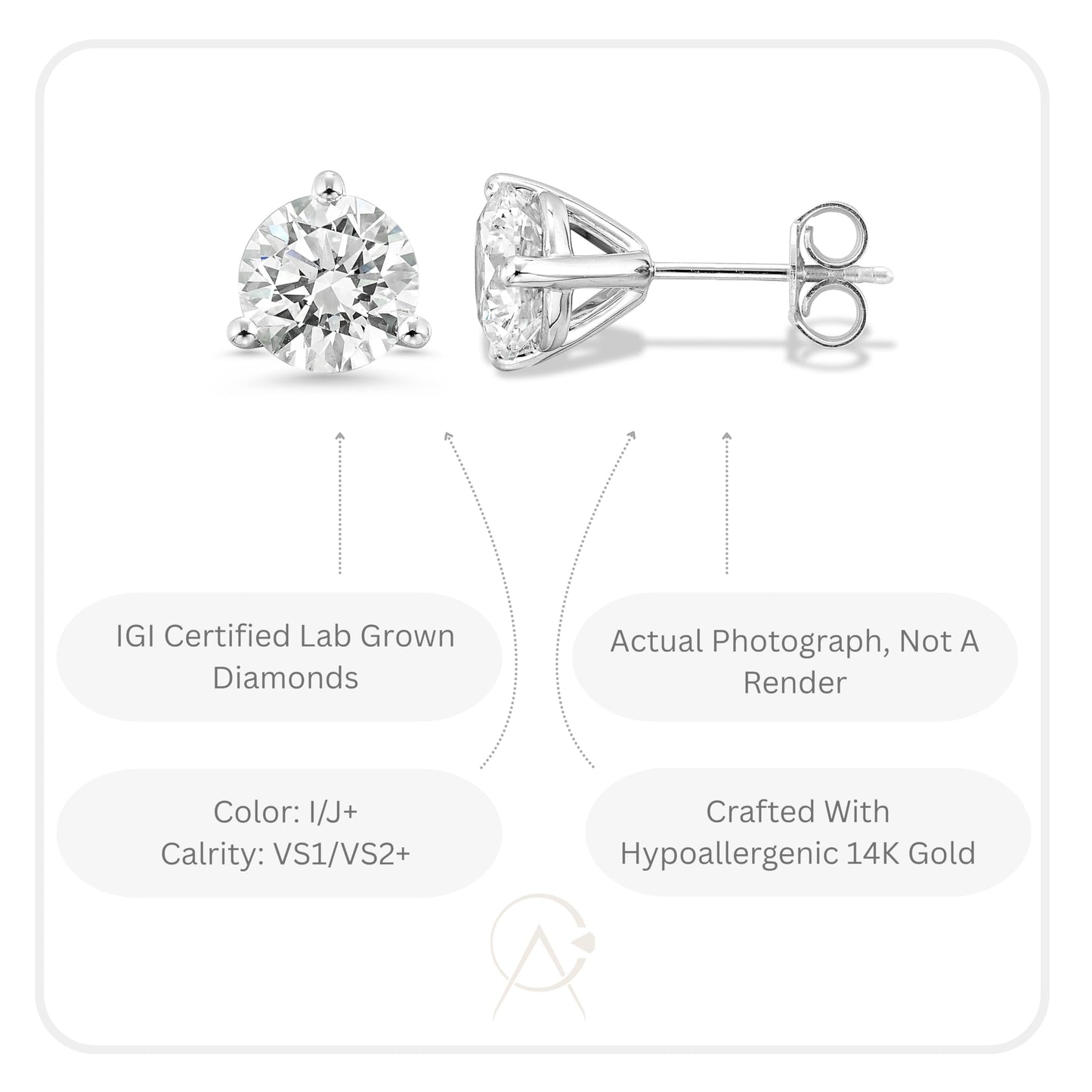 Carbon Atelier IGI Certified 2 Carat Lab Grown Diamond Round Stud Earrings for Women I 14k White Gold Earrings for Her (I-J, VS1-VS2, 2.00 cttw) 3-Prong Martini Set Diamond I Push Back Studs