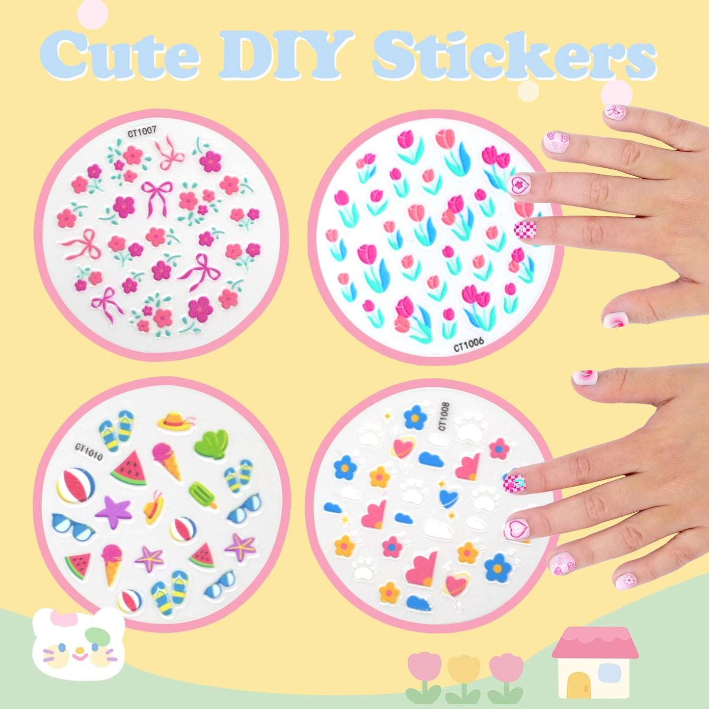 Press on Nails for Kids 3-6,With Cute DIY Stickers,4 Pack 48Pcs Little Girls Sparkling Princess Nails,Cute Pattern Flower Series