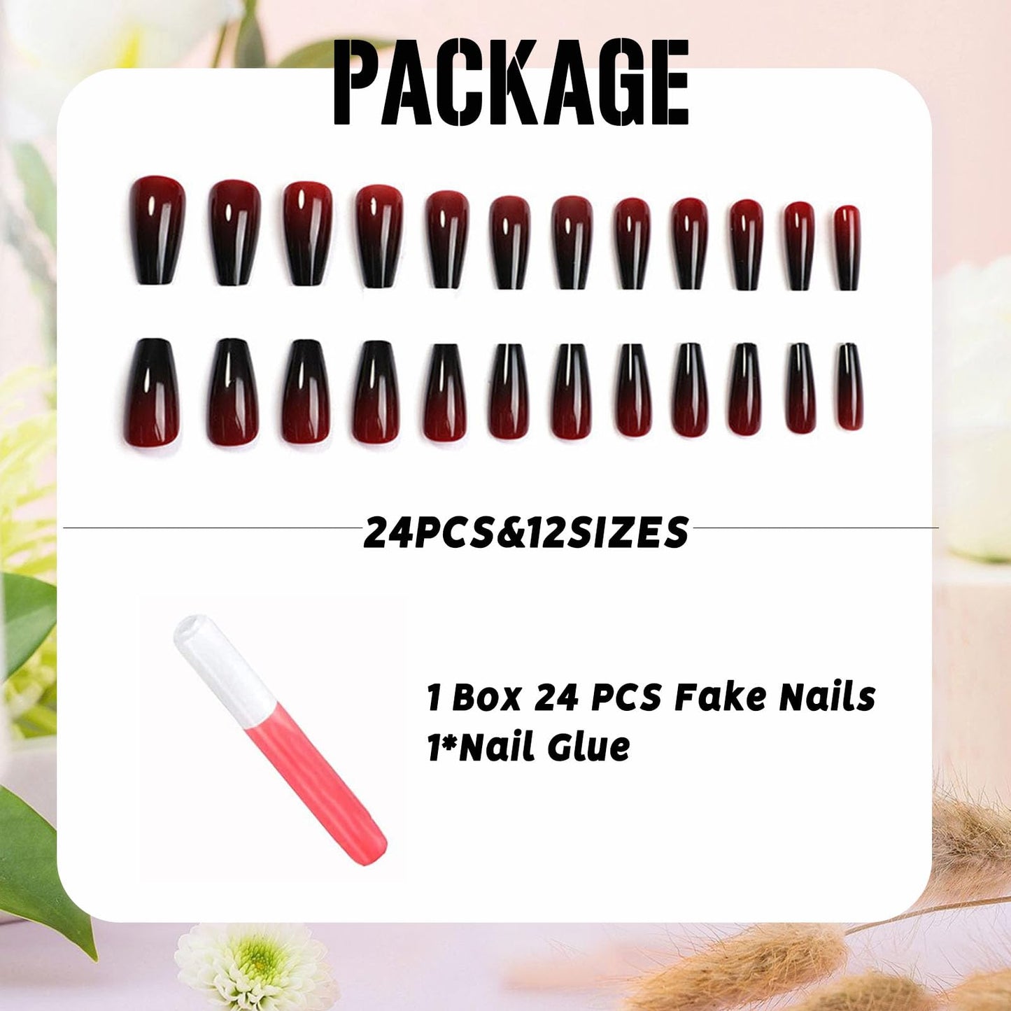 IMSOHOT Press on Nails Long Coffin Fake Nails Red Black Gradient Glossy Glue on Nails Full Cover Ballerina Acrylic Gel Stick on False Nails for Women Girls 24Pcs