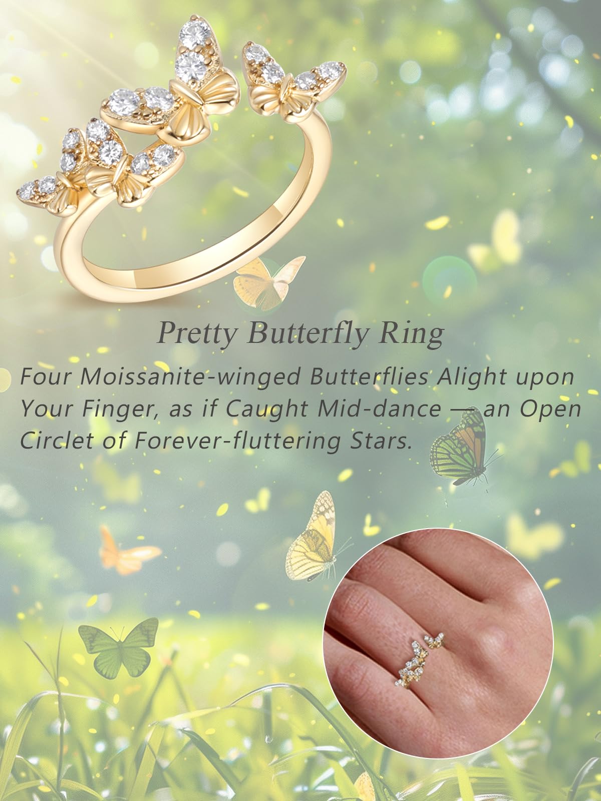 CYW Moissanite Gold Butterfly Ring for Women Adjustable 925 Sterling Silver Stacking Open Rings Size 9