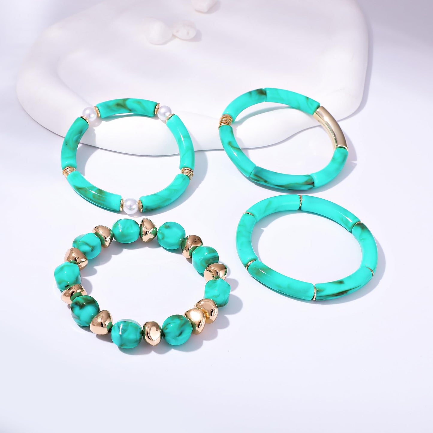 GOOJIDS Simple Beaded Gold Plated Bangles Bracelet Chunky Bamboo Tube Curved Stacking Clear Acrylic Colorful Beads Stretchable Gold Plated Bracelets Set For Women (T-Green Beads Set)