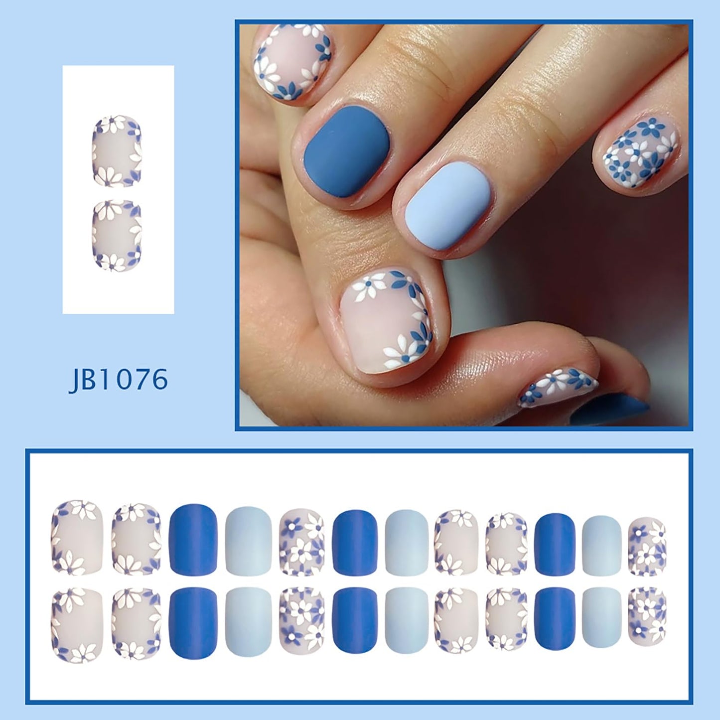 Flower Press on Nails Short Square Fake Nails with Spring White Blue Floral Designs Light Blue Matte Full Cover False Nail Acrylic Flowers Stick on Nail for Women 24Pcs