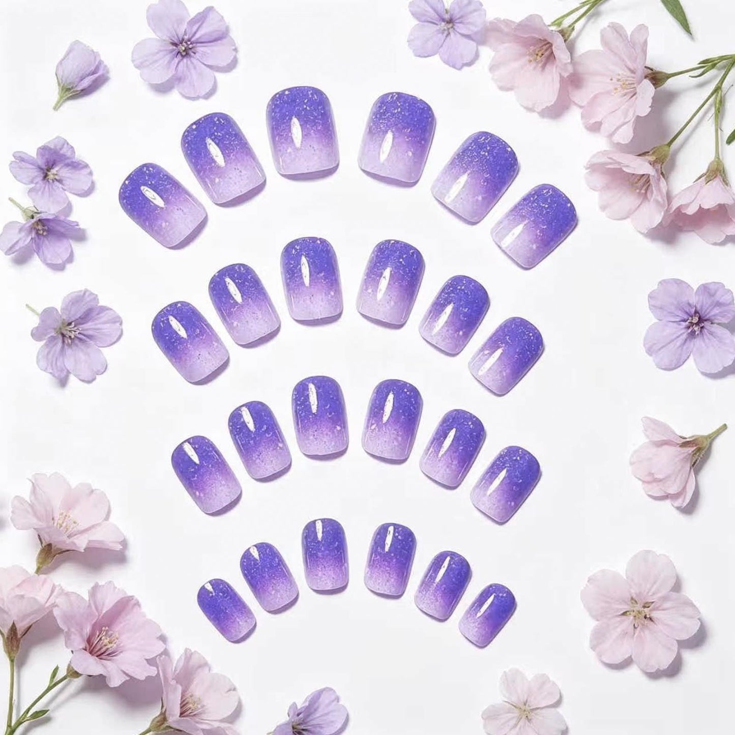 Purple Press on Nails Short Square Fake Nails with Gradient Designs Cute Nails Press ons Glossy Glue on Nails Artificial Acrylic Nails Simple Stick on Nails for Women 24Pcs
