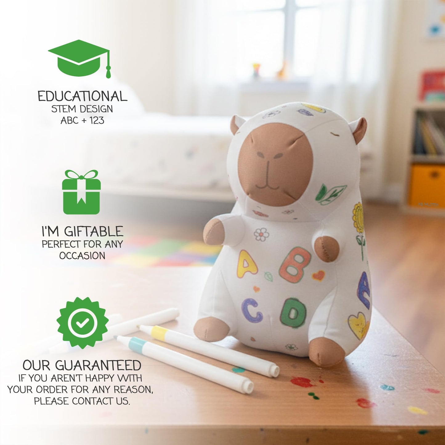 KB Mlotek Capybara Coloring Plush Toy - Washable Doodle Stuffed Animal with Traceable Numbers & Letters - Color Me Plush Includes 4 Markers - Educational Reusable Draw on Stuffed Animal Doodle Doll