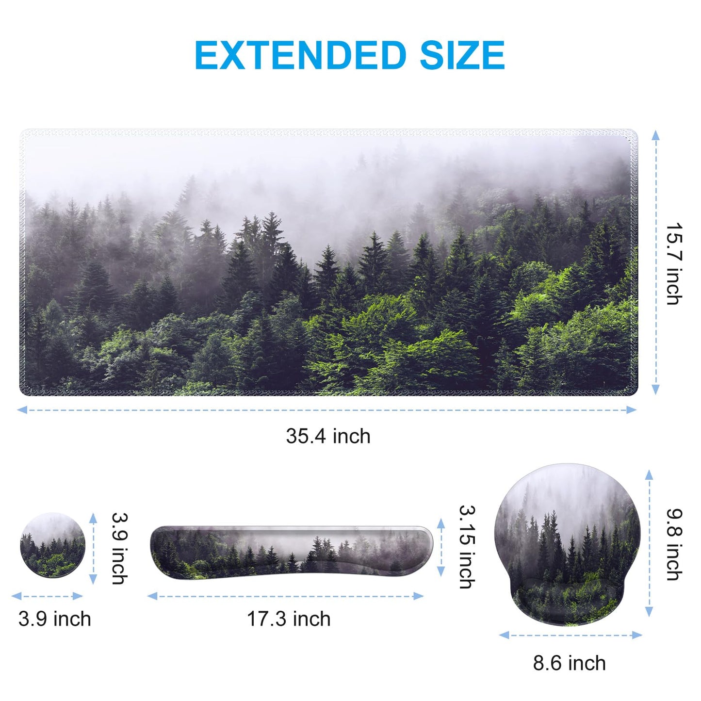 iCasso Desk Mat, Gaming Mouse Pad Wrist Support Set,4in1 XXL Large Mousepad + Keyboard Wrist Rest+Mouse Wrist Rest+Coaster Set with Ergonomic Design for Home Office Table Computer-Forest