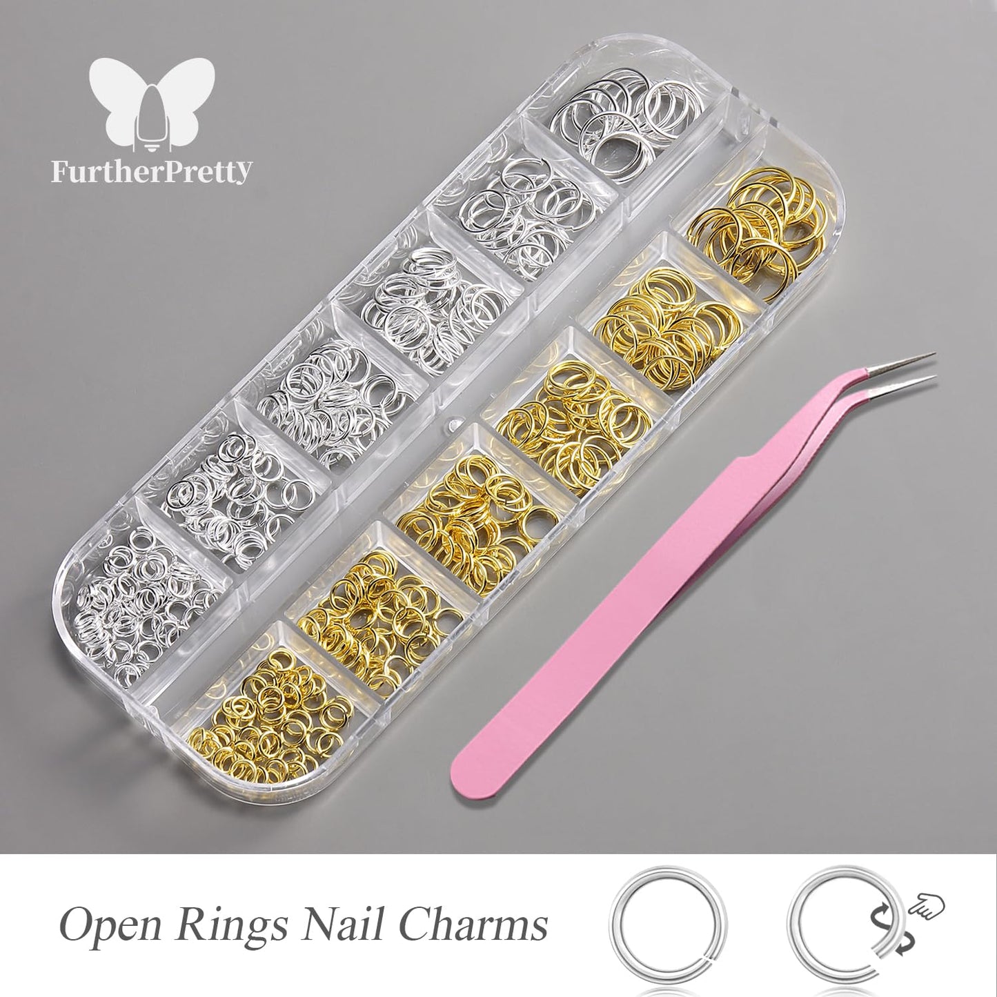 Furtherpretty Gothic Punk Nail Piercing Charms, Gold Silver Open Rings Dangle Nail Charms Y2K Piercings for Nails Grommets Eyelets Nail Art Decorations Accessories DIY Manicure Supplies with Tweezers