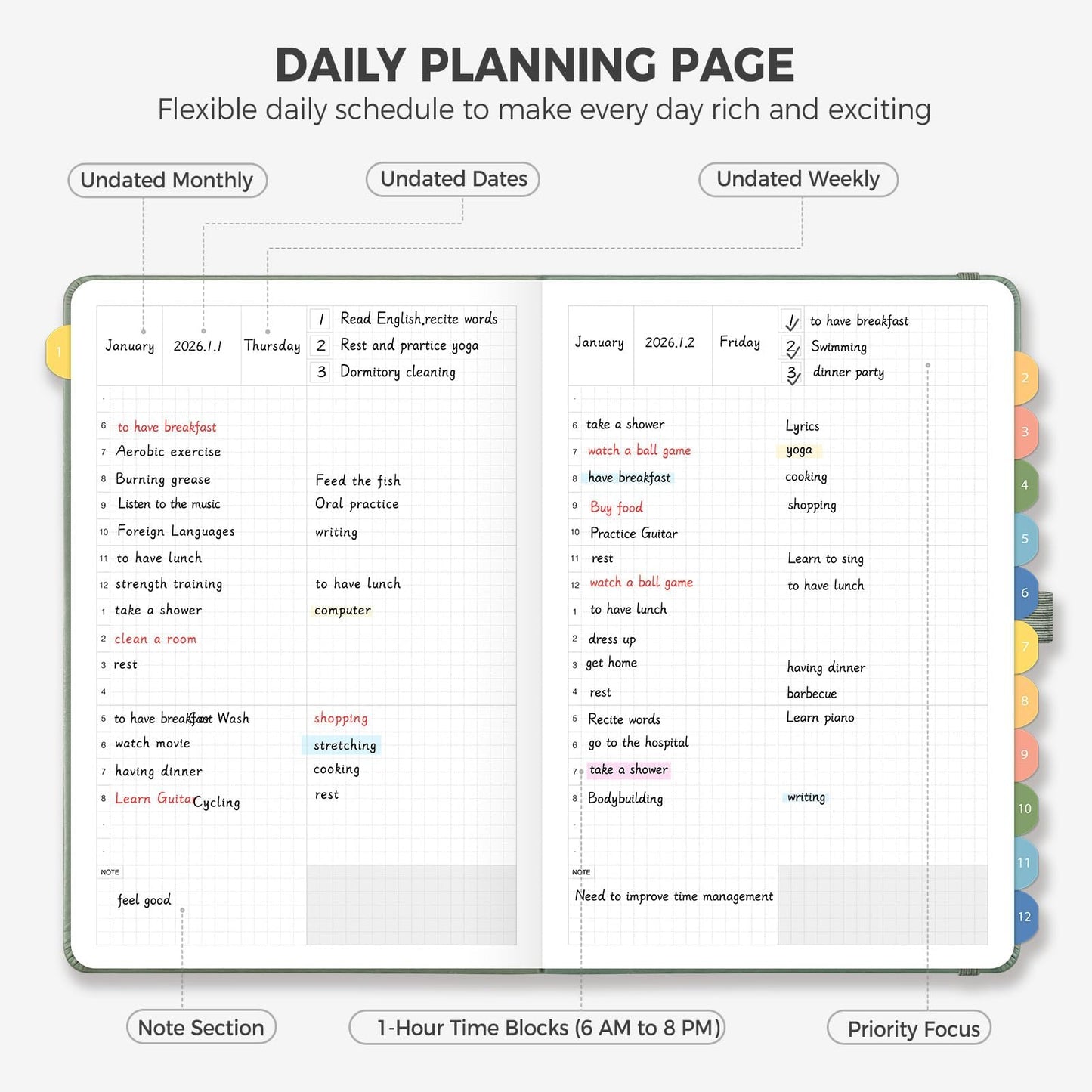 LOAPEM Daily Planner Undated, Appointment Book for Hourly, Daily and Monthly, 365 Days, One Page a Day, Medium Size (5.7" x 8.3"), Leather Hardcover, 12 Self-adhesive Monthly Tabs (Light Green)