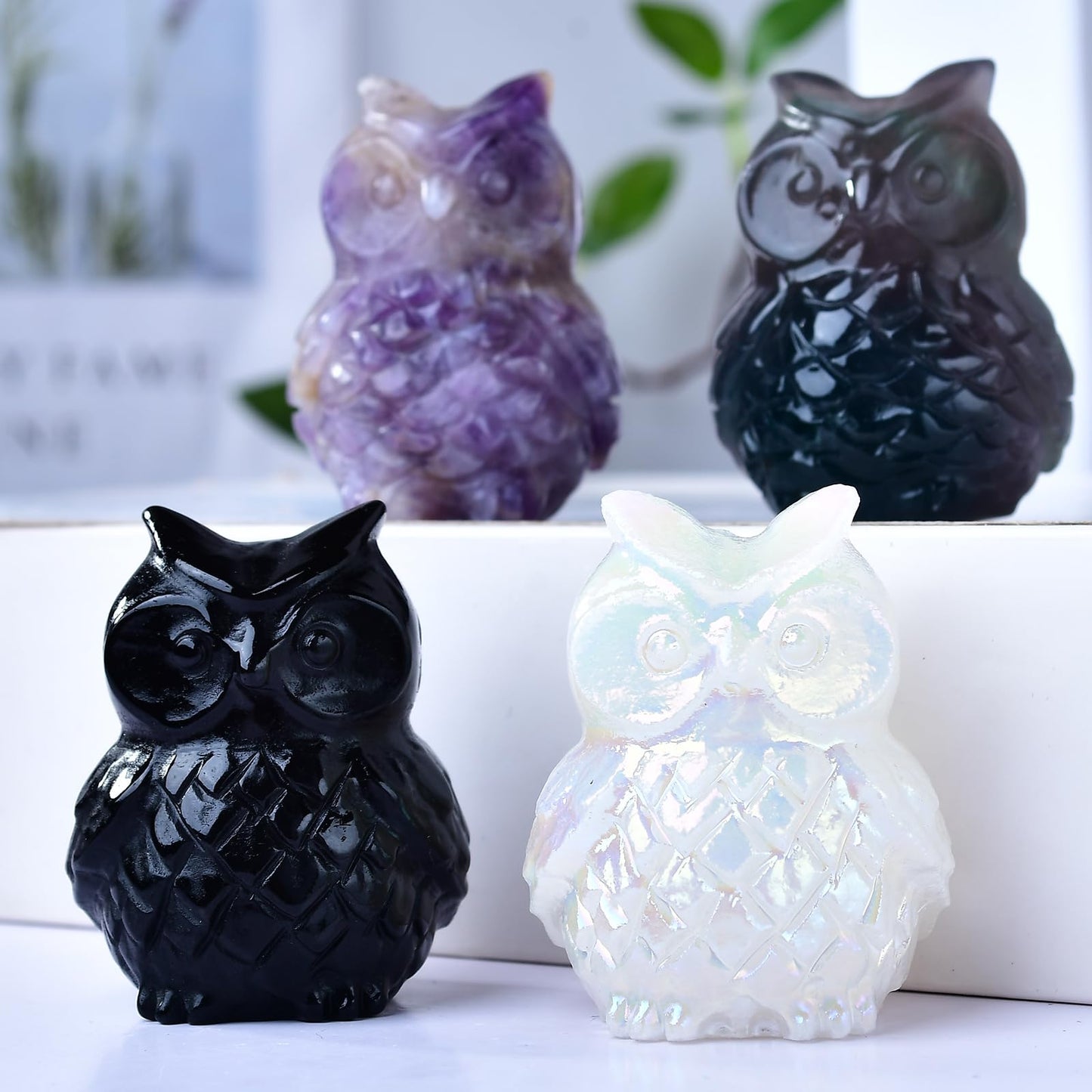 Ytbeoxk 1.9 Inch Amethyst Owl Statue Owl Figurine Home Decor, Healing Crystal Cute Decor Figurines, Hand-Carved Gemstones, Bedroom Office Spiritual Gift