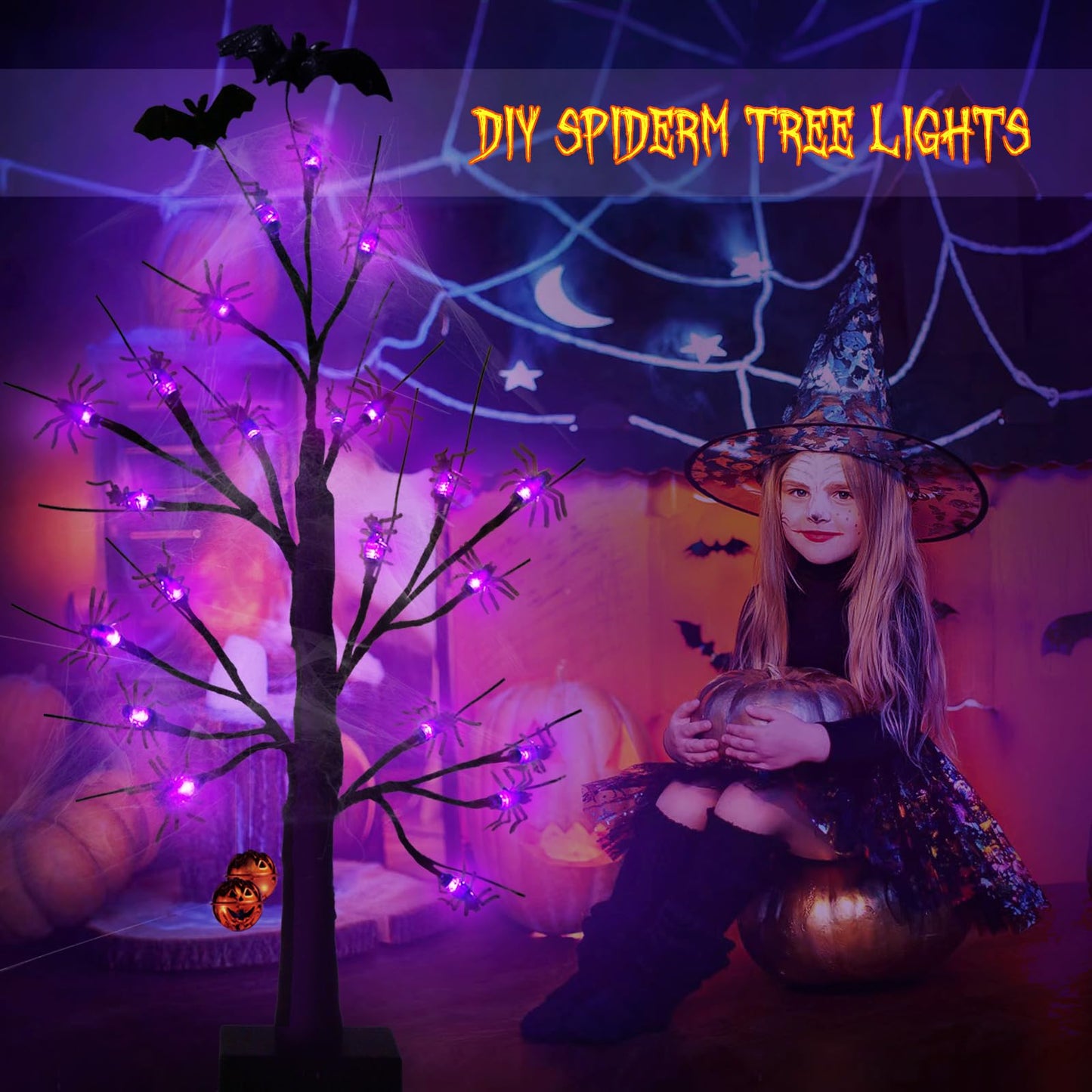 Halloween Decorations Indoor Spider Lights Tree, 2Ft Black Spooky Tree with Spider,Web,Bat and Pumpkin Bell Halloween Tree Decorations,Battery and USB Halloween Black Tree for Home Mantel Easter Decor
