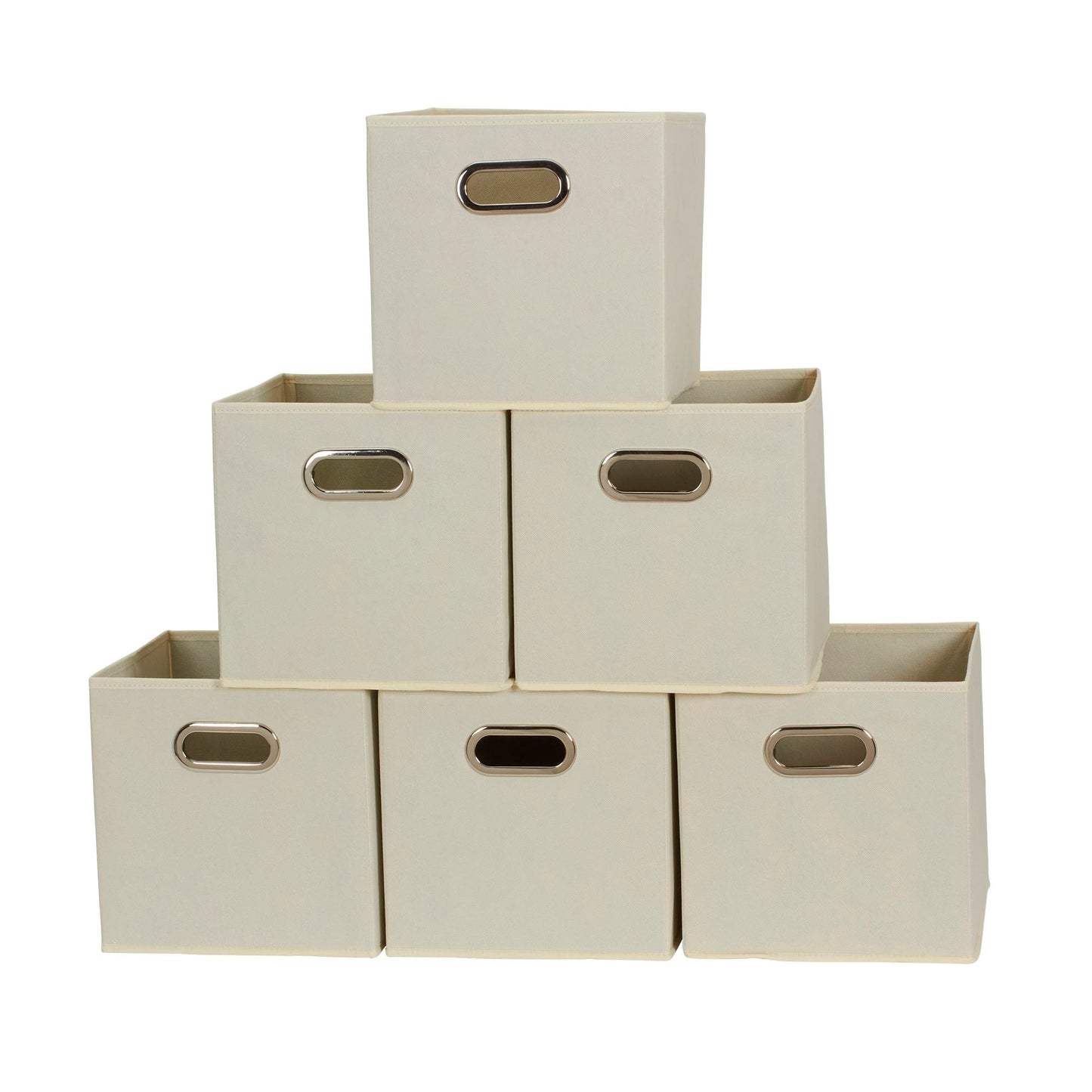 Fabric Storage Bins 6 Piece Set, Strong Poly-Woven Fabric, Sturdy Chipboard Sides, Grommet Front Handle, Stackable and Foldable, Classic Design, Cream