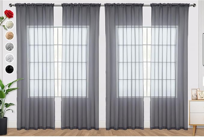 SpaceDresser Grey Sheer Curtains 4 Panels Rod Pocket Semi-Sheer Curtain 45 Inches Long Light Filtering Voile Window Drapes for Bedroom Living Room Kitchen, Each 52W x 45L