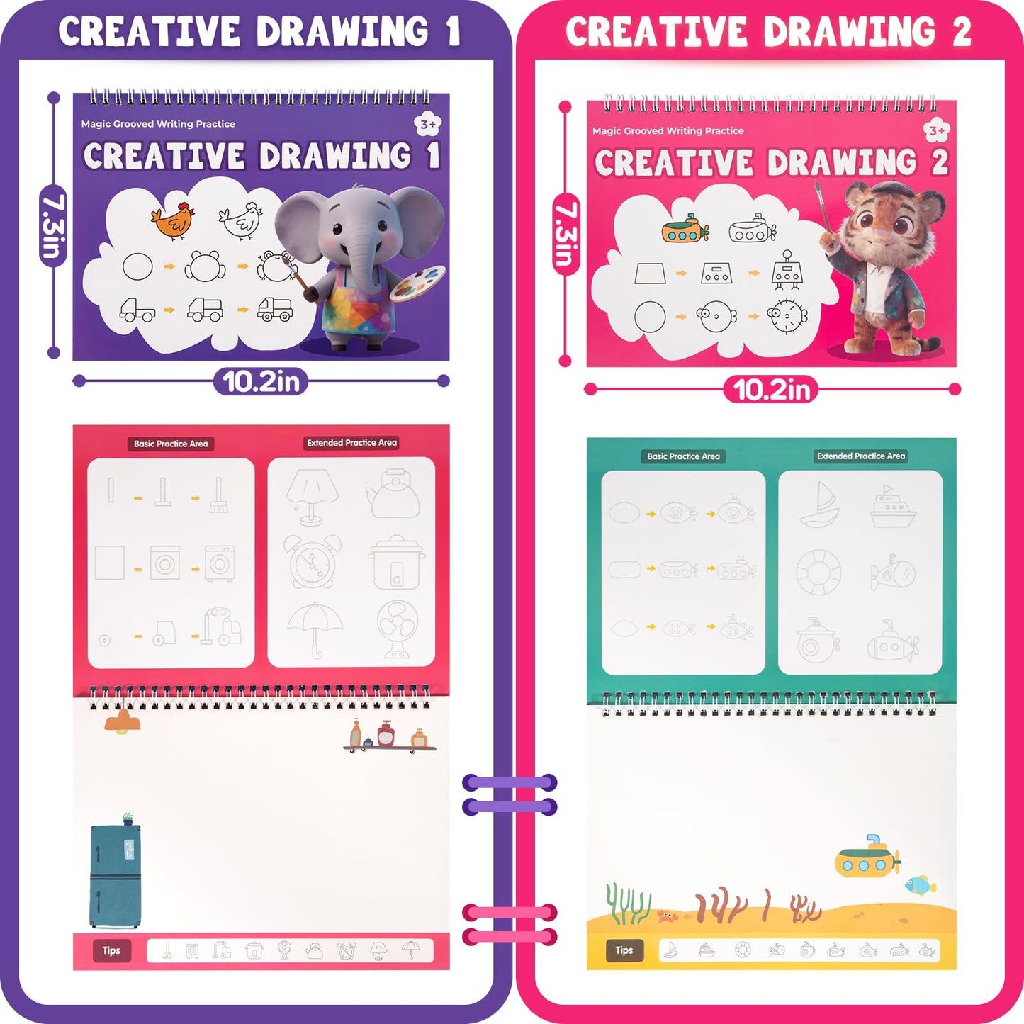 Magic Grooved Writing Practice Books, Reusable 3D Grooved Handwriting Practice for Kids Ages 3-5, Disappearing Ink Pens & Grips, Perfect Educational Gift