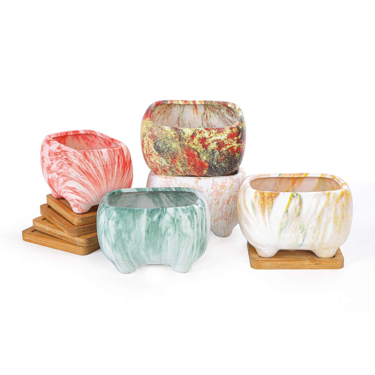 ARTKETTY Succulent Planters, 4.7" Small Succulent Pots with Drainage Rectangular Cactus Planter with Bamboo Trays Ceramic Pots for Indoor Flower Plants Set of 5