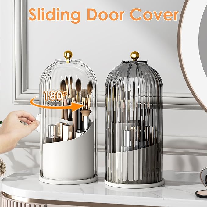 Makeup Brush Holder with Lid 360 Rotating Clear Dustproof Make Up Organizers for Vanity Bathroom Countertop, Transparent