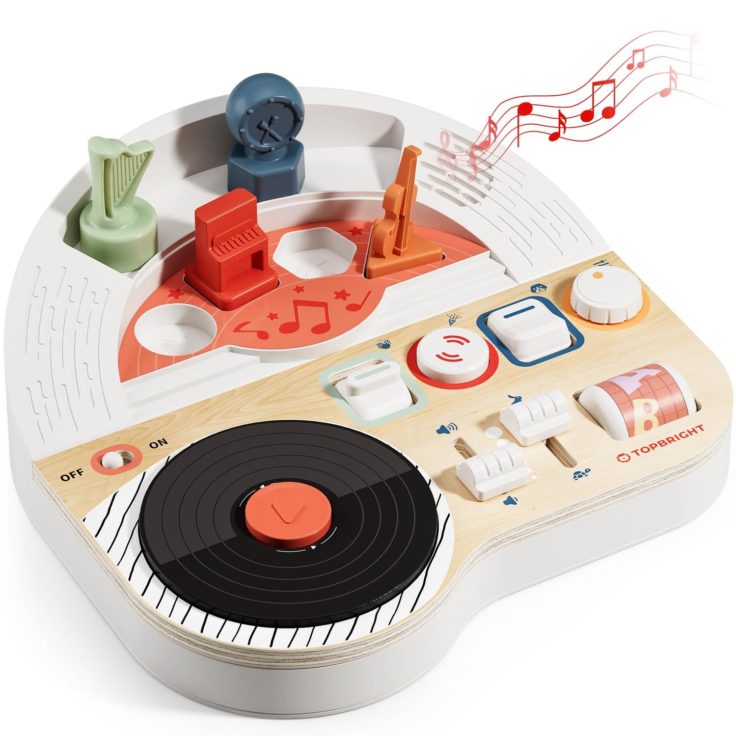 TOP BRIGHT DJ Music Busy Board - Wooden Toddler Toys for Boys and Girls，Montessori Sensory Toy with 14 Activities with Sound Blocks, Portable Travel Toy for 18M+