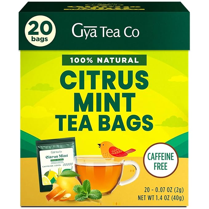 Gya Tea Co Citrus Mint Herbal Tea Bags (20 Bags) - Caffeine Free with a Tangy Flavor for All Day Comfort, Calming, Relaxing & Nourishing - Fruit & Herbal Blends