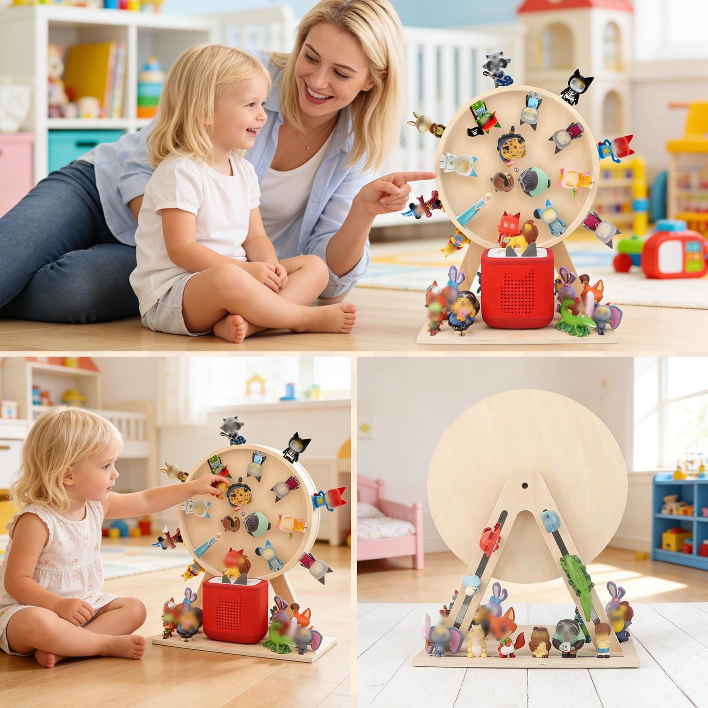 Taladad DIY Ferris Wheel Organizer for Tonie Figures, Holds 80+, 360° Rotating Wooden Shelf Compatible with Tonie Box 2&1 Player, Includes 60 Metal Plates for Custom Storage, Kid's Room Decor