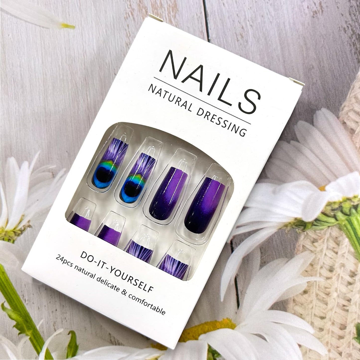 CJDLTS 24Pcs Purple Peacock Feather Pattern Design Acrylic Ballet Shaped Glitter Nails, Full Cover Coffin Nails, Glossy, Press On Nails, Medium Length, 1 Box, 24 Pieces