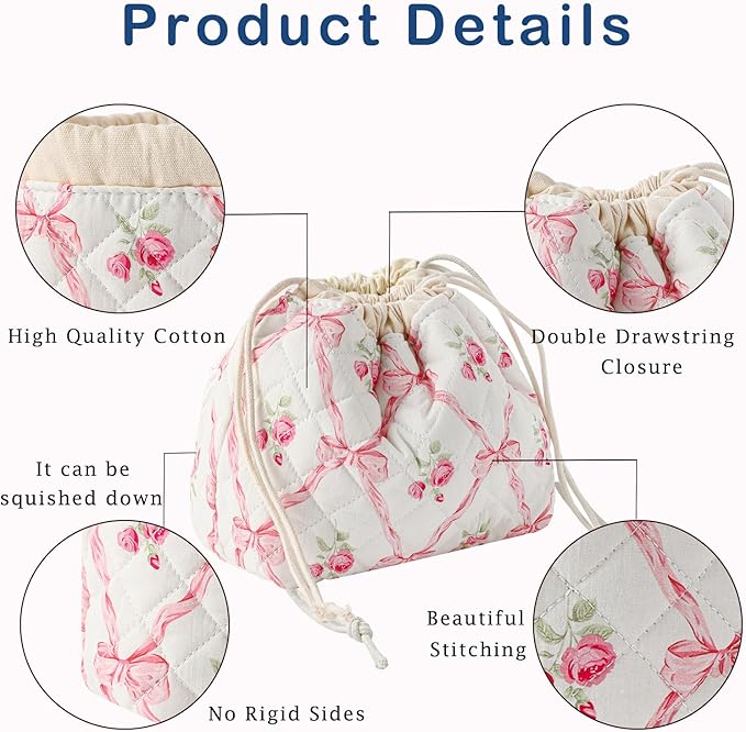 3Pcs Aesthetic Cotton Quilted Drawstring Makeup Bag Set, Aesthetic Cute Bow Makeup Pouch for Girls and Women, Aesthetic Travel Organized Cosmetic Bags for Purse(02Pink Flower Bow)