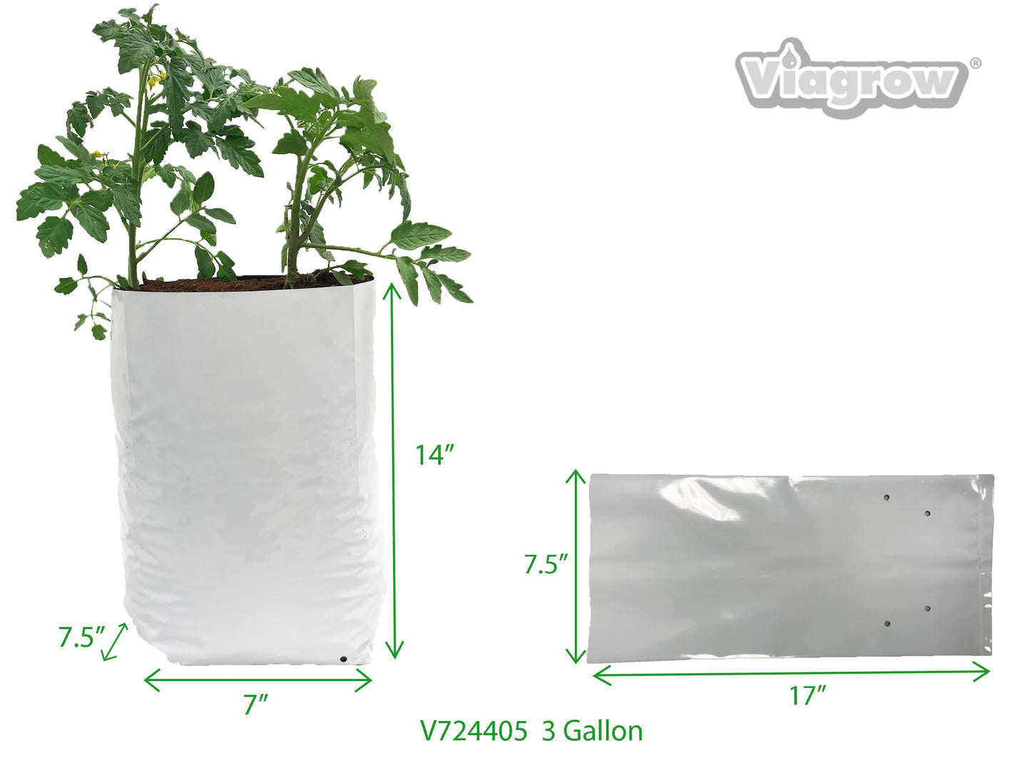 Viagrow Grow Bags Thick Plastic Grow Bags for Potting, Seedlings, Rootings, 3 Gallon 50 Pack, White
