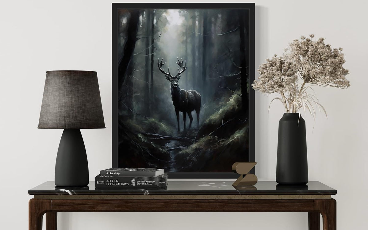 Deer in Forest Poster Art Print, Halloween Scary Vintage Wall Art Academia Spooky Painting Decoration for Horror Prints, Gothic Posters Bedroom Decor 89 (Deer in Forest, 8 x 10 inches, Black Frame)