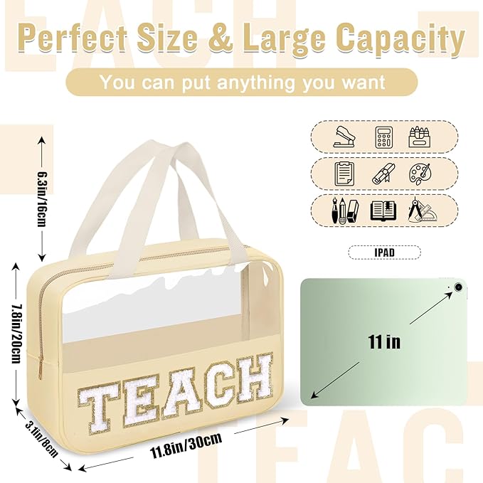 izuzta Teacher Appreciation Gifts TEACH Chenille Letter Clear Makeup Bag Pouch, Monogram Teacher Supplies Zipper with Handle Travel Cosmetic Bag Graduation Retirement Gifts for Women(TEACH-Beige)