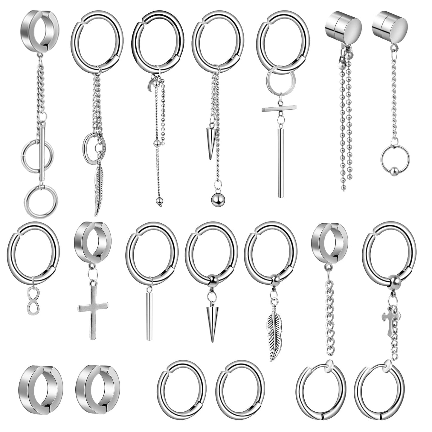 ONESING 20 Pcs Clip On Magnetic Earrings - Dangle, Hoop, Sterling Silver Stainless Steel Non-Pierced Fake Earrings