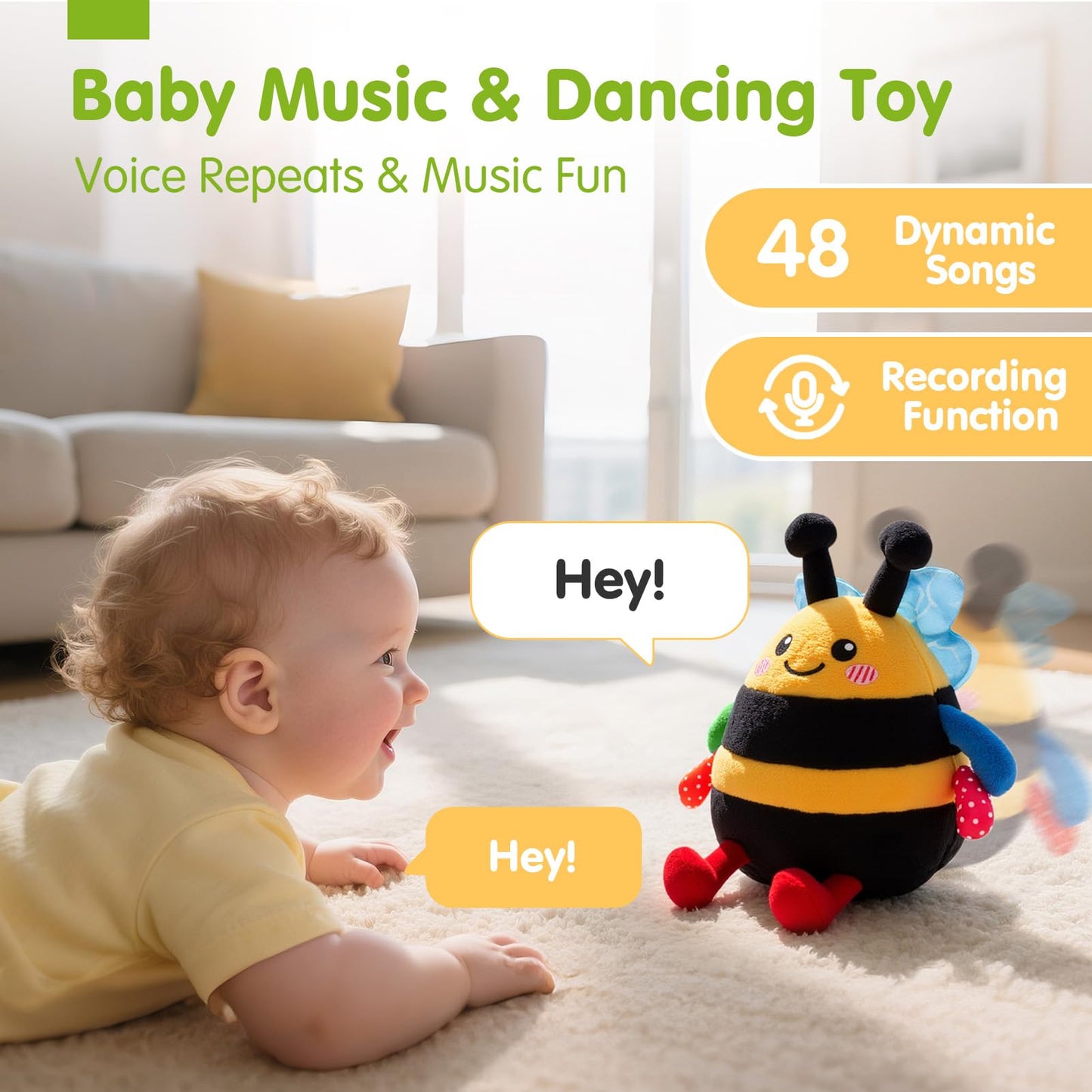 hahaland Baby Toy for 6 + 12 18 Months – Crawling Musical Dancing Bouncing Learning Bee Plush, Interactive Tummy Time Toy for 1 2 3 Year Old Boys Girls Baby Easter Basket Stuffers