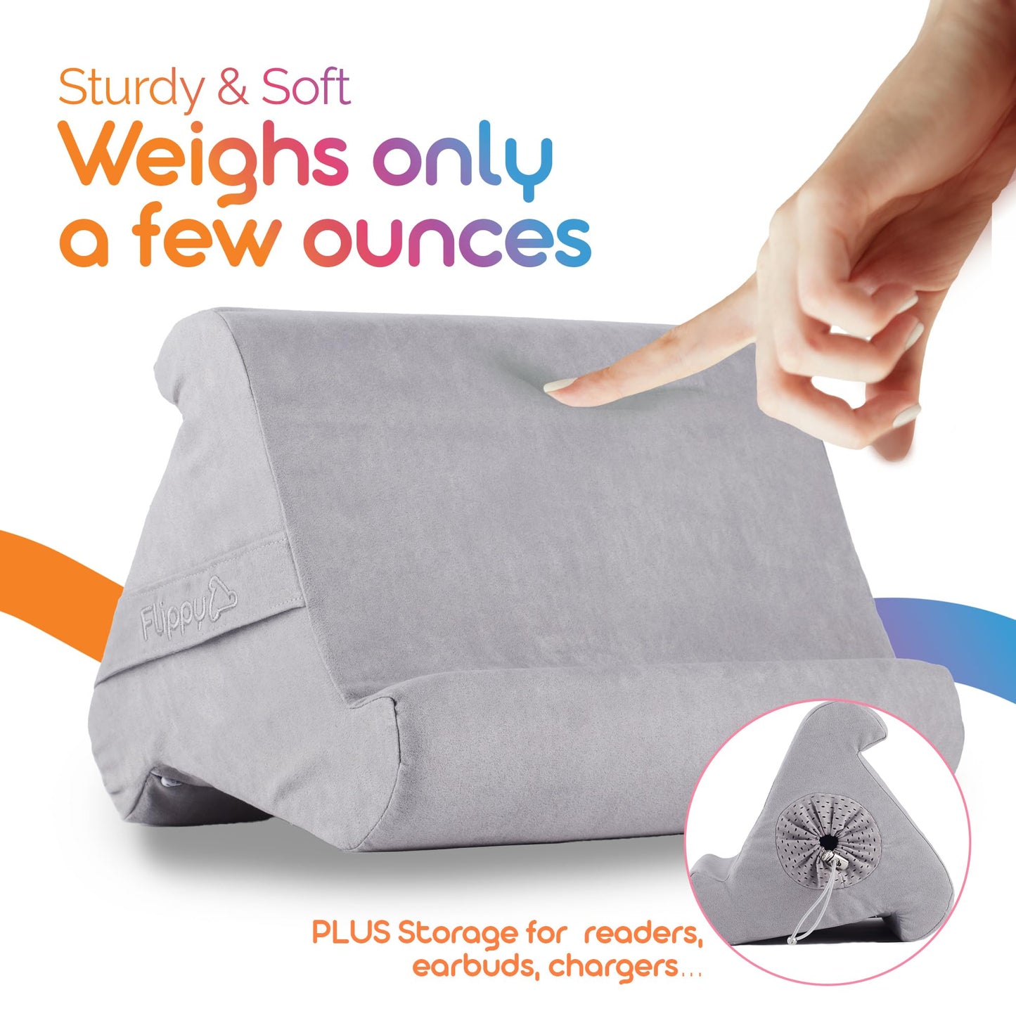 Flippy Original Tablet Pillow Stand & iPad Holder, Gift for Book Lovers & Readers, Multi-Angle Stand with Storage for Lap, Desk & Bed, Compatible with Kindle, Fire, iPad & Samsung, Greyster