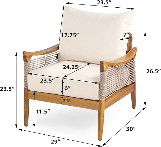 Christopher Knight Home Havets Patio Acacia Wood Club Chair with Woven Rope, Comfortable Outdoor Armchair, Water-Repellent Thick Cushion Deep Seating for Porch, Garden, Backyard, Balcony, Teak+Beige
