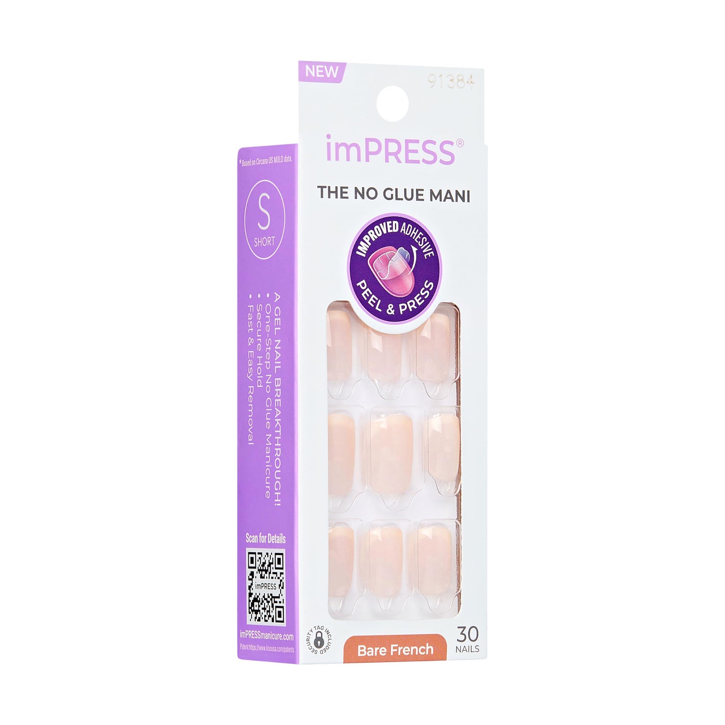 Kiss Impress No Glue Mani Press On Nails, French, 'Heroic', Light Neutral + White Tip French, Short Size, Squoval Shape, Includes 30 Nails, Prep Pad, Instructions Sheet, 1 Manicure Stick, 1 Mini File