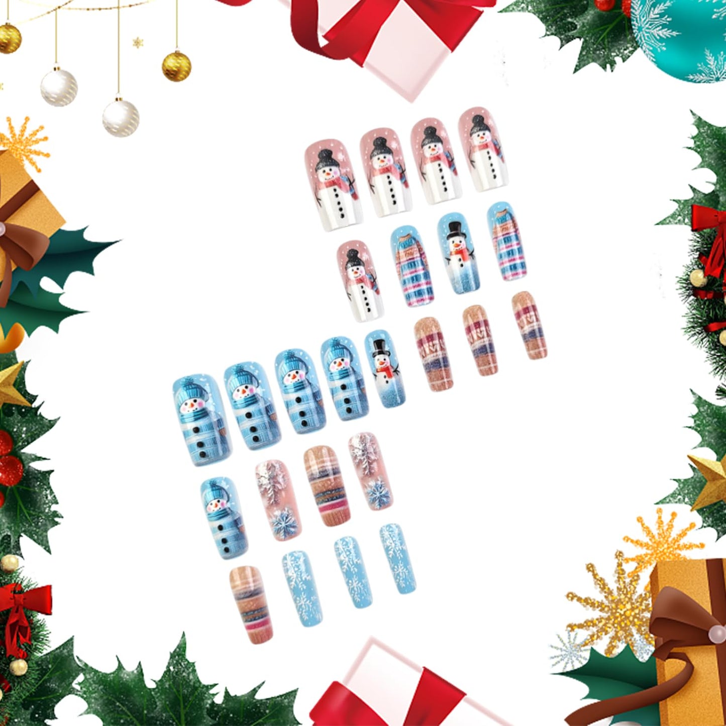 CJDLTS Christmas Press on Nails Long Artificial Square Acrylic False Nails 3D Relief Snowflake Snowman with Plaid Stripe Stick on Nail Full Cover Artificial Fingernails for Women Festival Manicure