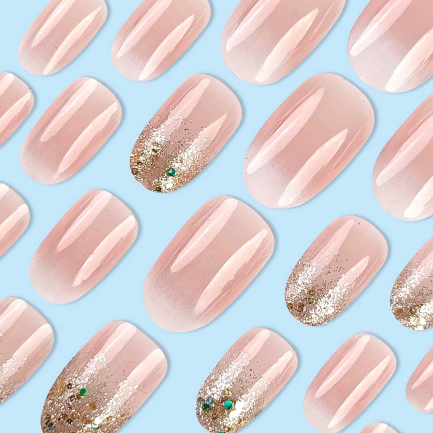 Hkanlre Almond Short Press on Nails Tips Full Cover Gradient Flower False Nails Sequins Pink Fake Nails for Women 24PCS