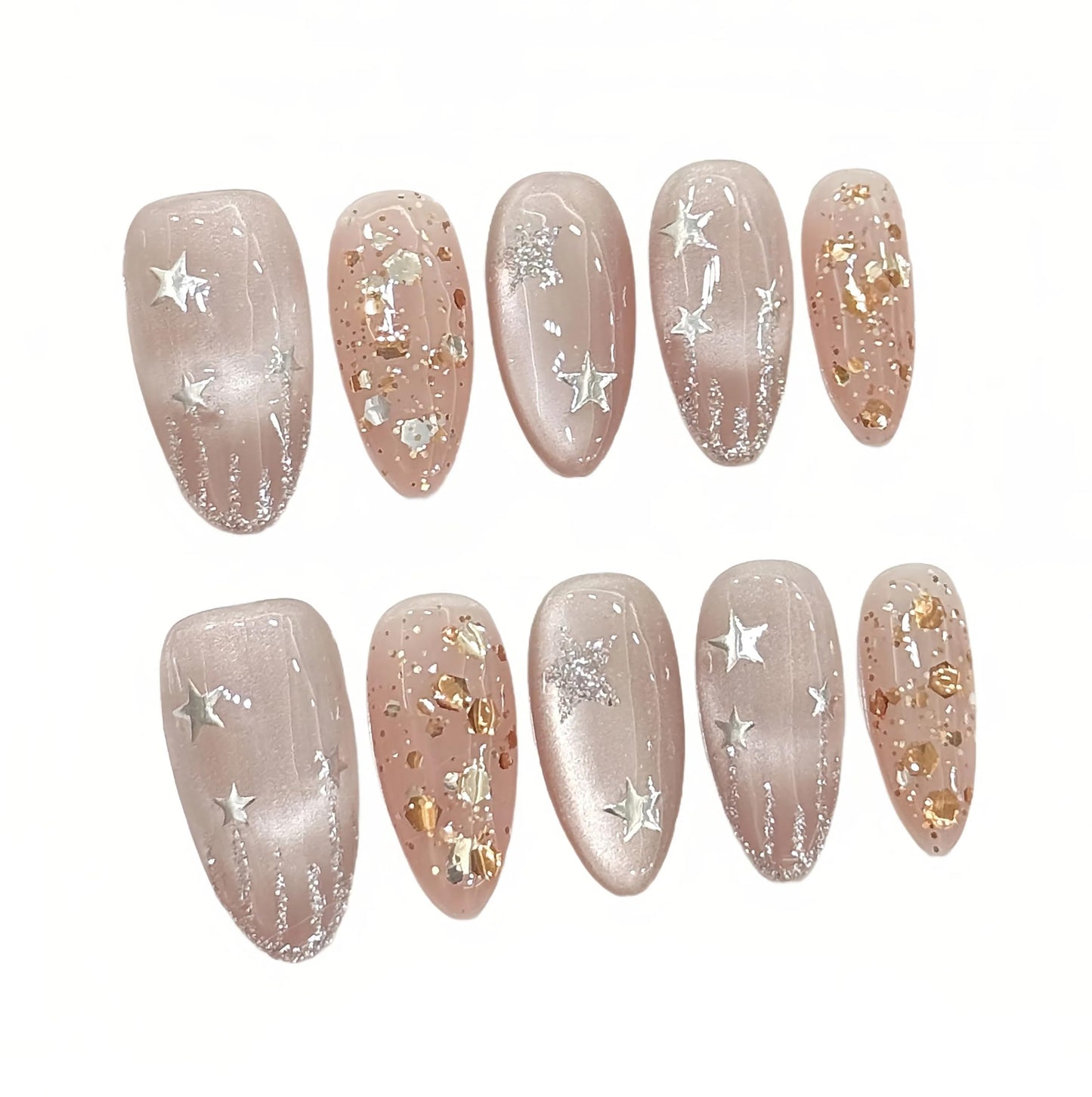 LOHAS Home Handcrafted Dreamy Fairy Wand Bling-Bling Glitter Wearable Nails Reusable Almond-shaped Nail, Stars & Moons, S