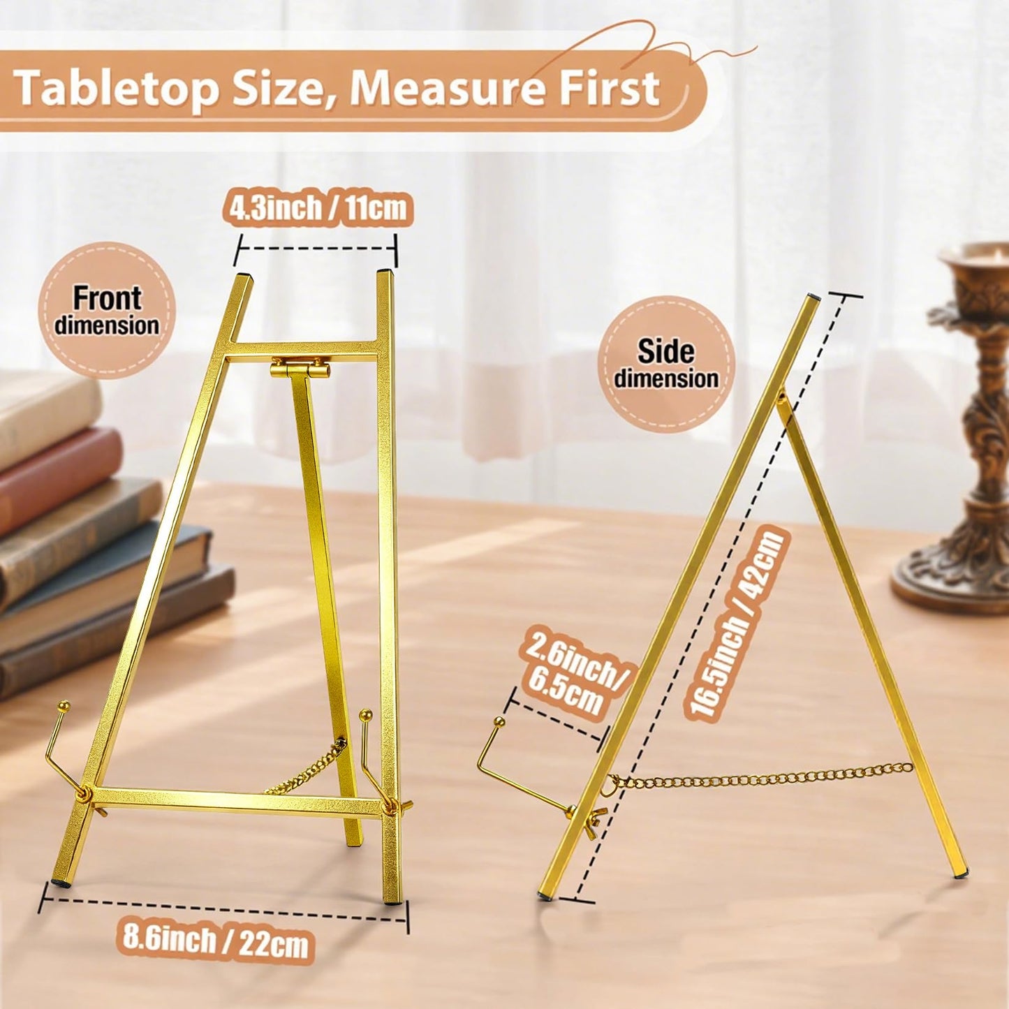 BeeCoAoo 16.5" Metal Easel Stand for Sign – Elegant Table Top Easel for Display, Heavy Duty Tabletop Picture Easel Stand for Wedding Sign, Picture Frame, and Art (Gold)