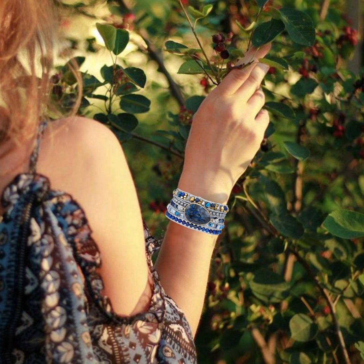 Plumiss Women Natural Blue Labradorite Stone Boho 5 Wrap Bracelet Jewelry Gift