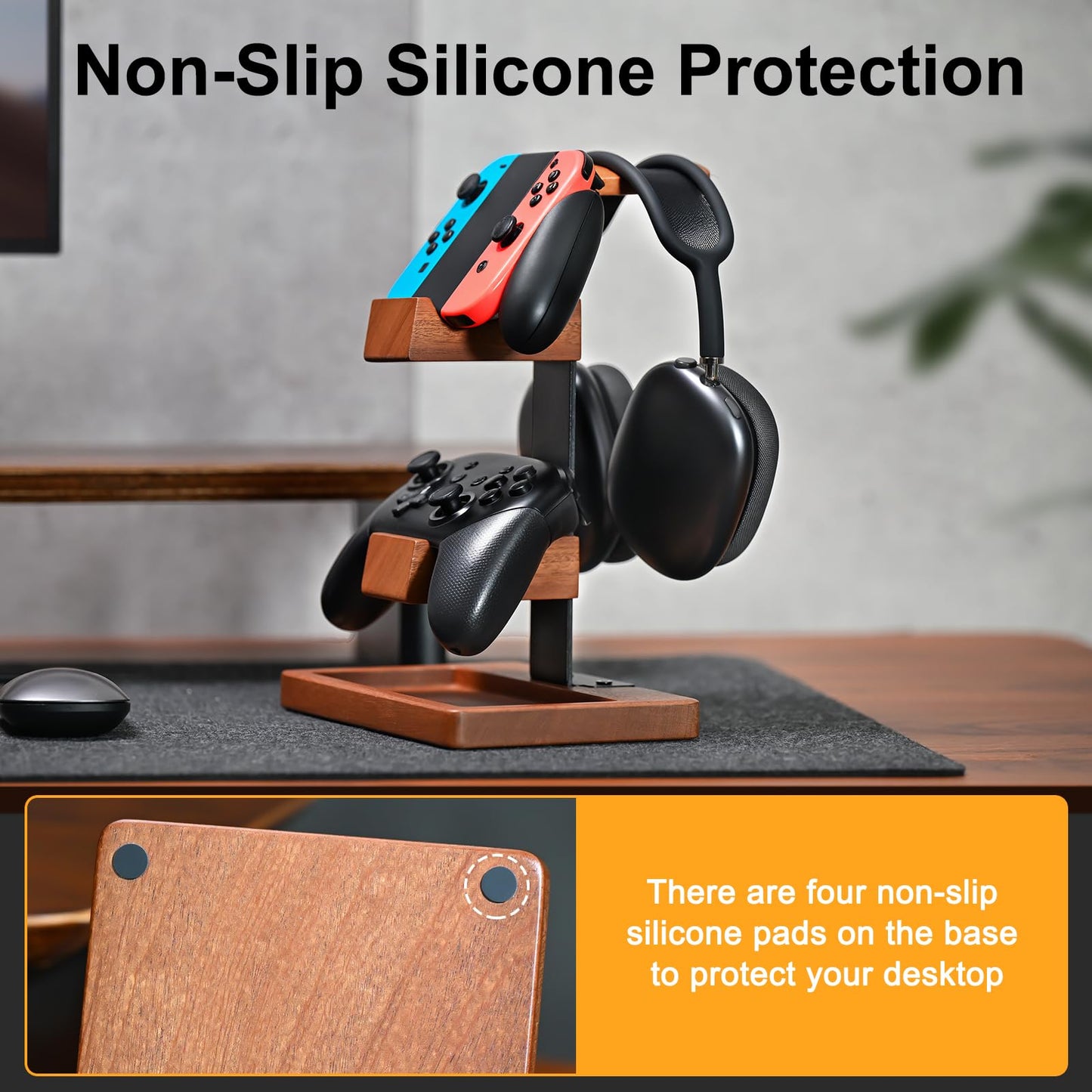 HUMANCOZY Solid Wood Controller Holder and Headphone Stand, Gaming Controller Stand for Desk, Dual Controller Organizer Rack, Fits Xbox, PS4, PS5, Gamepad, Headset Holder for Son, Husband, Boyfriend