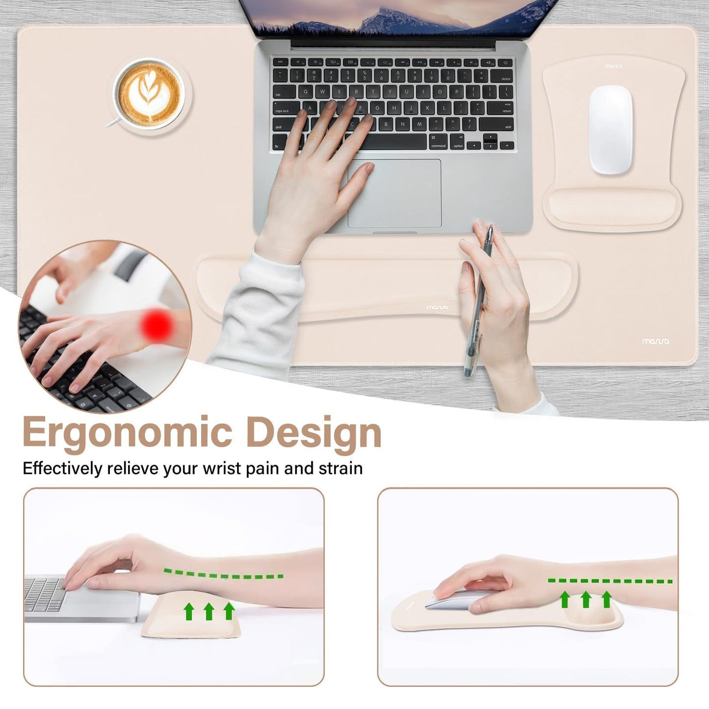 MOSISO Keyboard Mouse Pad Set, Large Gaming Mousepad&Keyboard Wrist Rest&Mouse Wrist Rest&Coaster, Ergonomic Non-Slip Mousepad&Easy Typing Cushion with Memory Foam for Home Office, Apricot